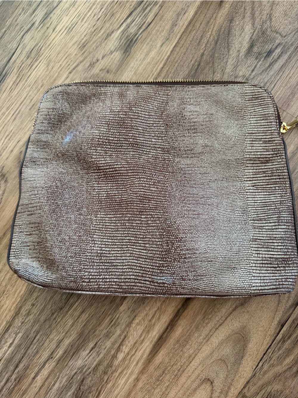 India Hicks Metallic Brown Travel Pouch with Subtle Lizard Texture